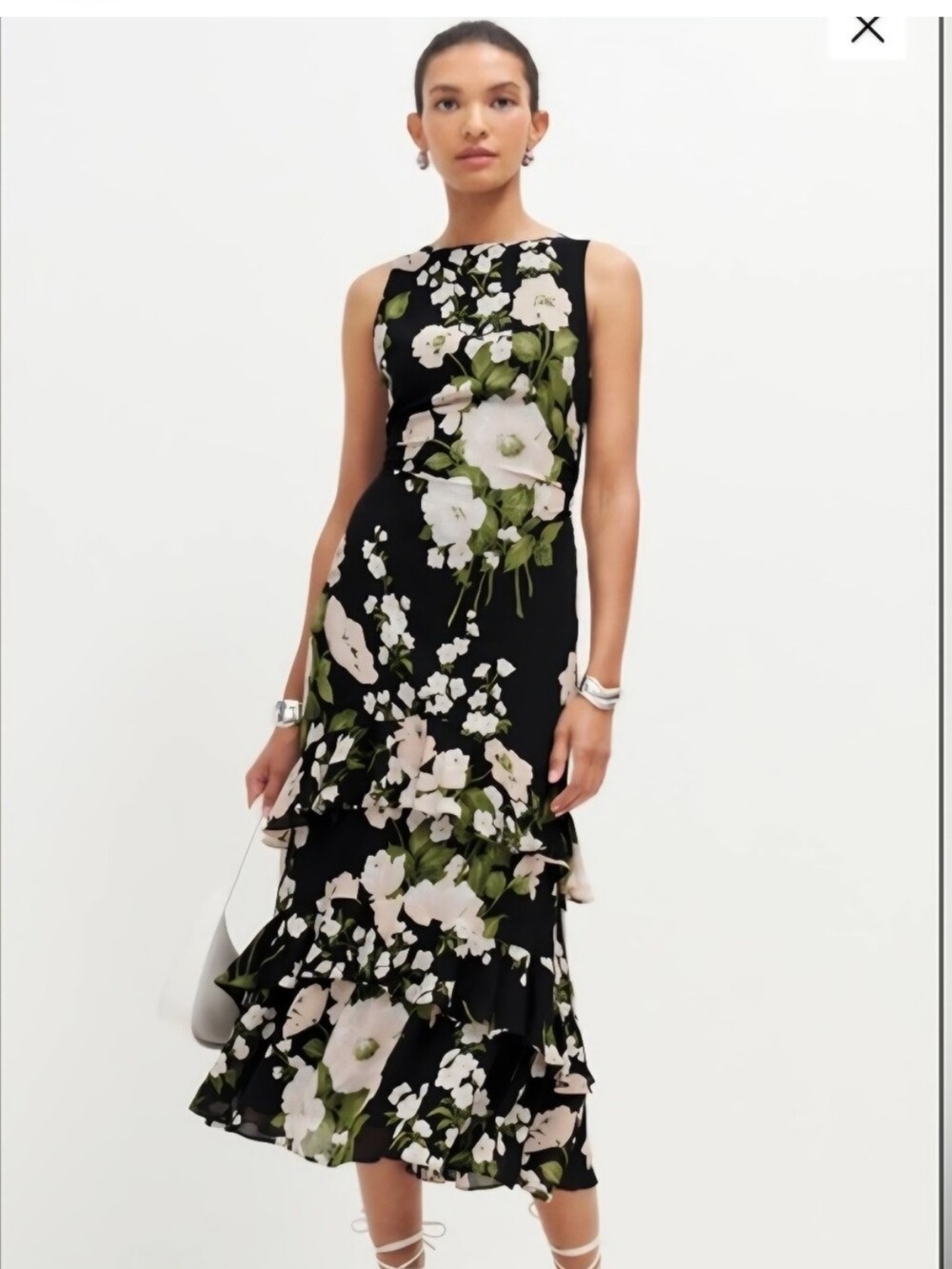 Reformation Magnus Floral Ruffle Midi Dress Green Ivory Size 0